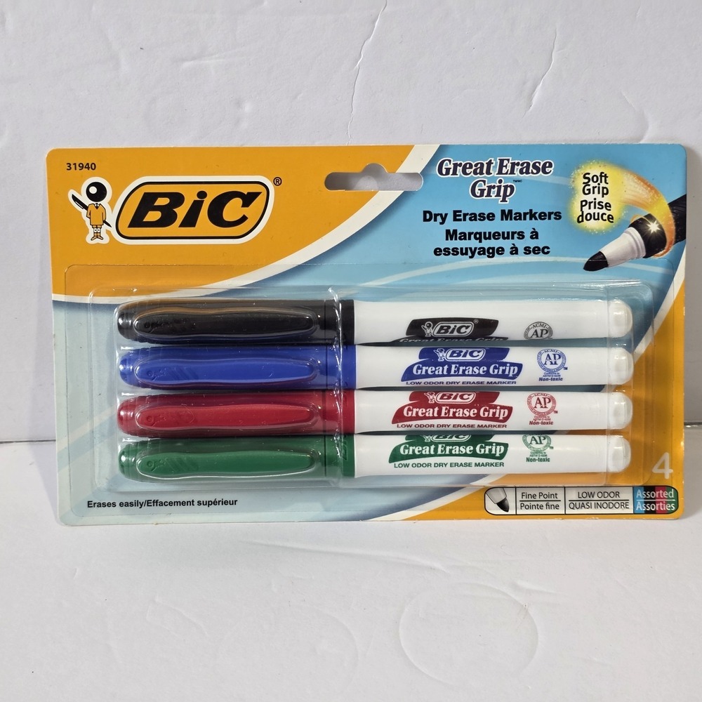 Bic Great Erase Grip Dry White Board Markers Fine Point 4 Pack Low Odor New